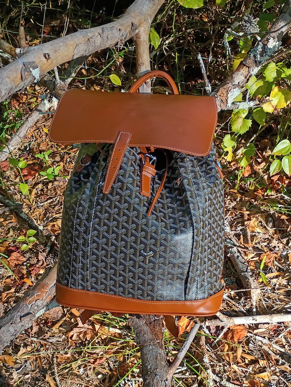 Brown Leather-Trim Patterned Canvas Backpack